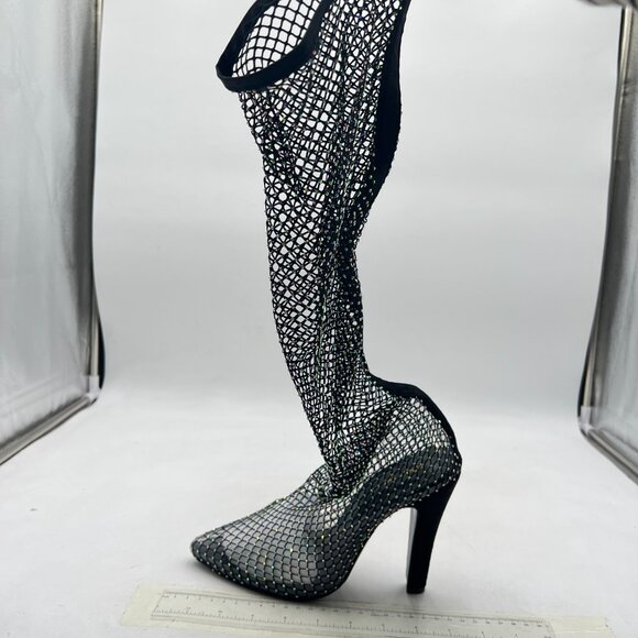FSJ Black Diamante Fish Net Sexy High Heel Long Boots - Picture 3 of 9